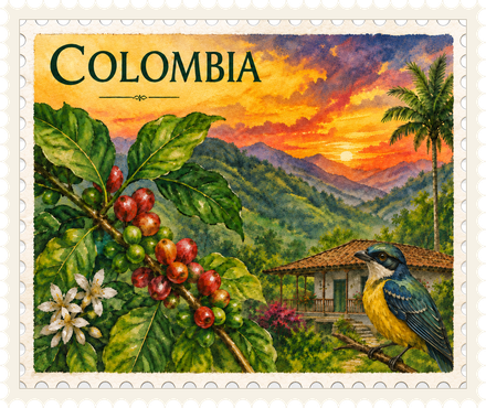 Estampilla ilustrada de Colombia · café, paisaje andino y ave nativa